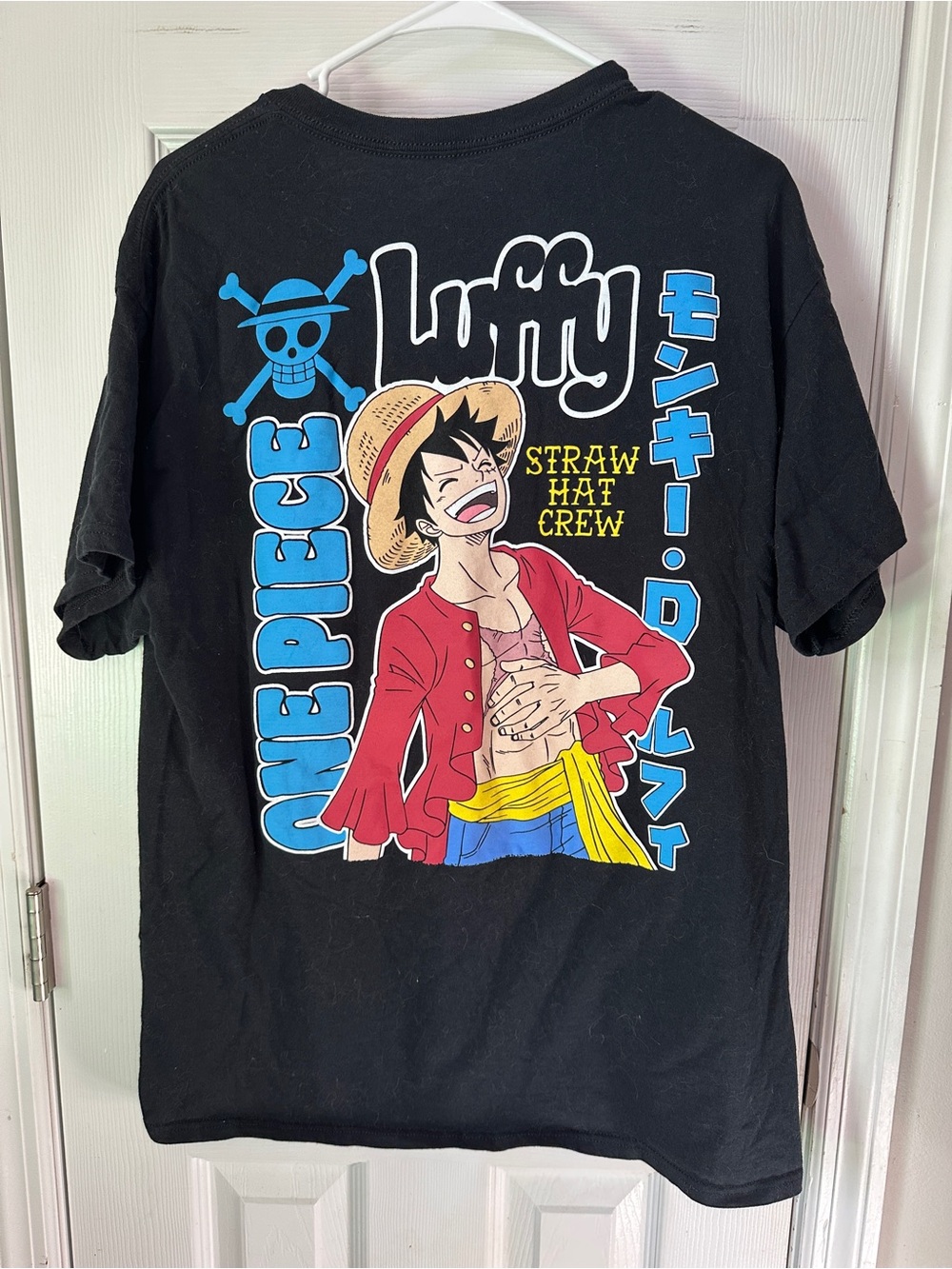 Onepiece Black Graphic Tee with Red, Blue & Yellow Luffy Print